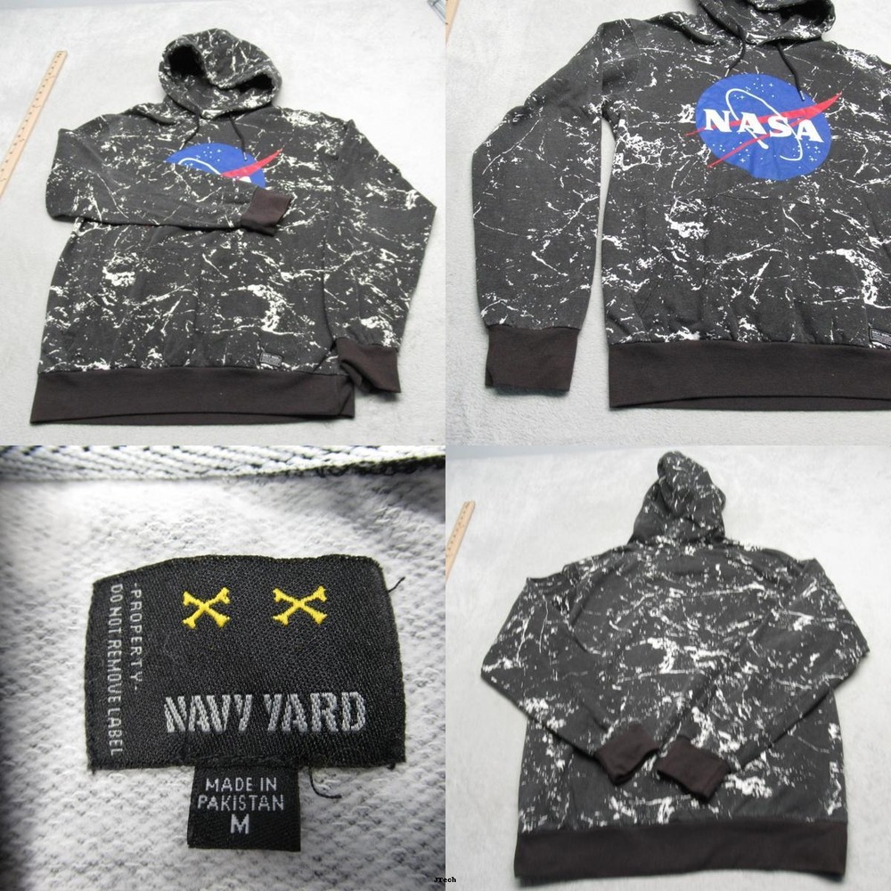 NASA Hoodie Mens Medium‎ Navy Yard Black Graphic Print Pullover Sweatshirt